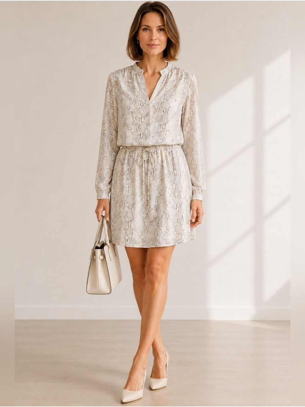 Hilary Radley Snakeskin Print Shirt Dress Small Lined Tie Waist Long Sleeve